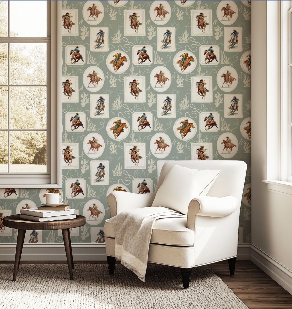 Cowboy Retro Wallpaper Print in Sage Green