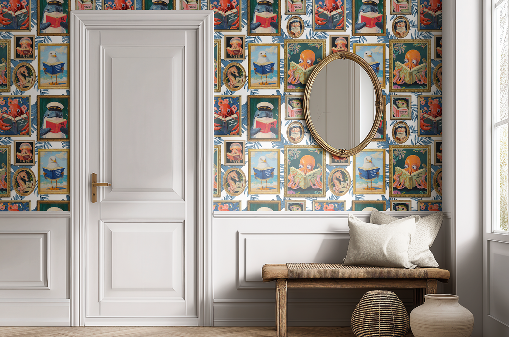 Whimsical Animals Reading Wallpaper - Coastal Beach House Version