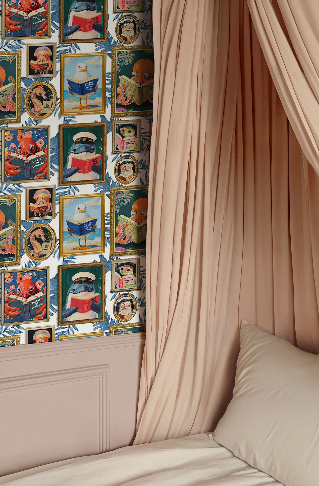 Whimsical Animals Reading Wallpaper - Coastal Beach House Version