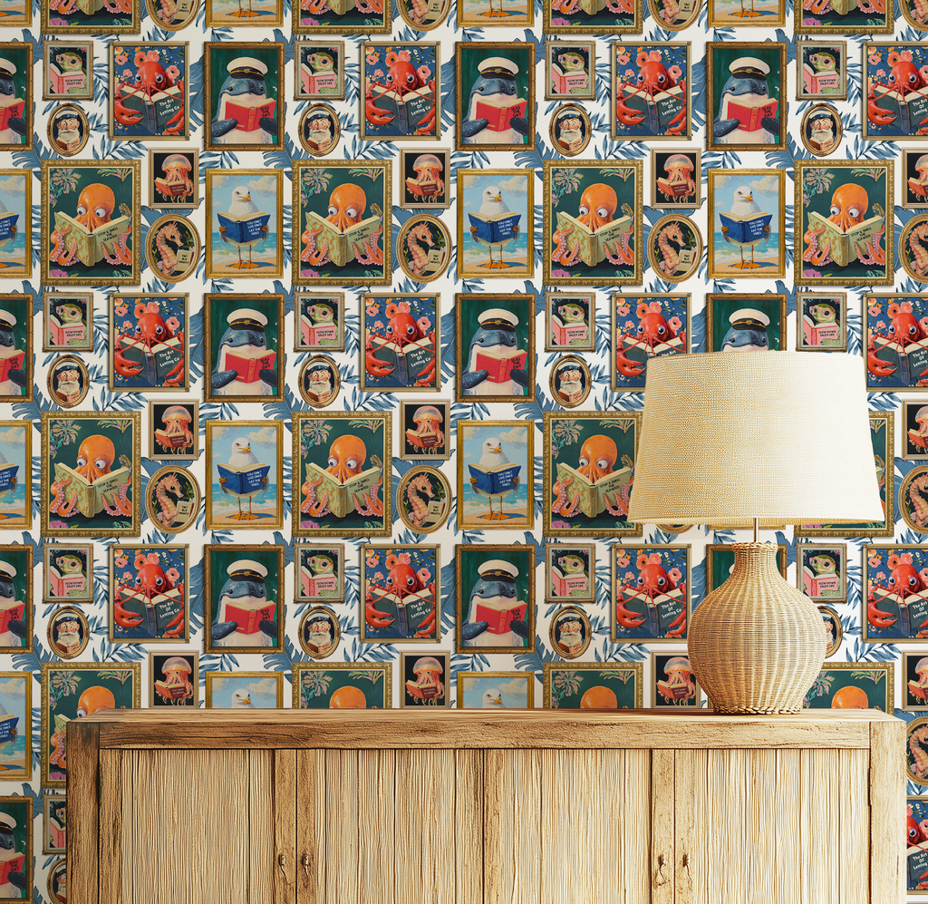 Whimsical Animals Reading Wallpaper - Coastal Beach House Version