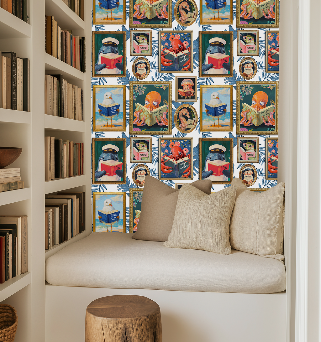 Whimsical Animals Reading Wallpaper - Coastal Beach House Version