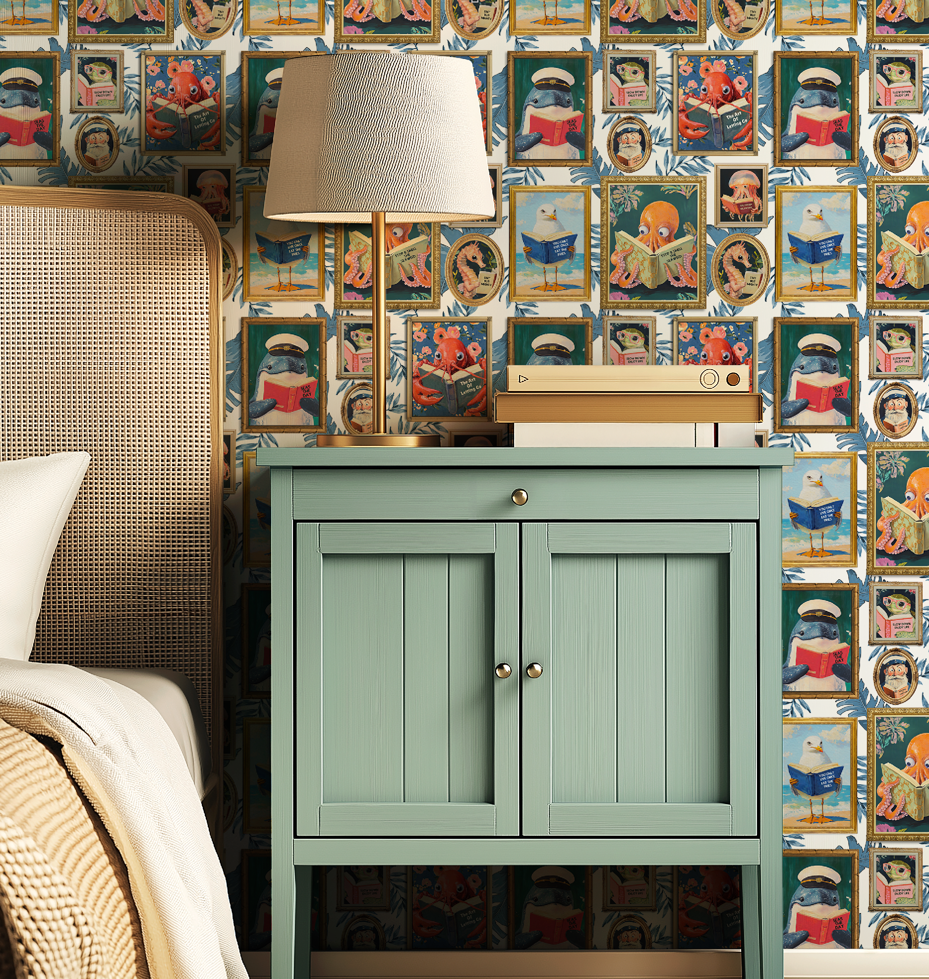 Whimsical Animals Reading Wallpaper - Coastal Beach House Version