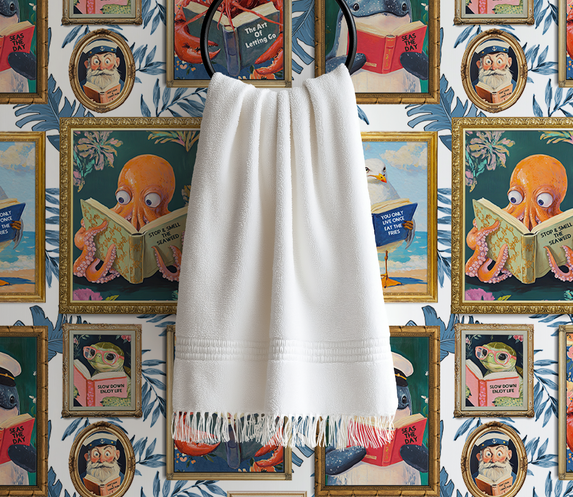 Whimsical Animals Reading Wallpaper - Coastal Beach House Version