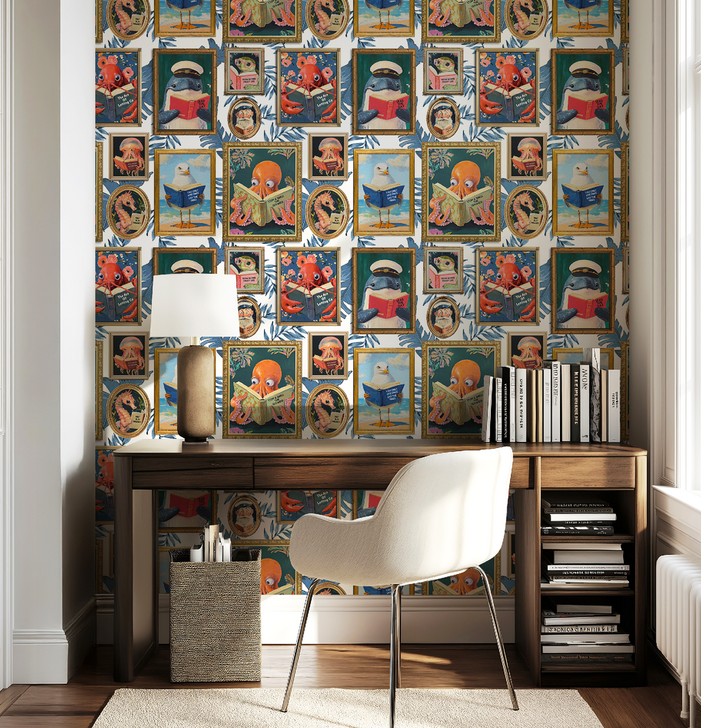 Whimsical Animals Reading Wallpaper - Coastal Beach House Version