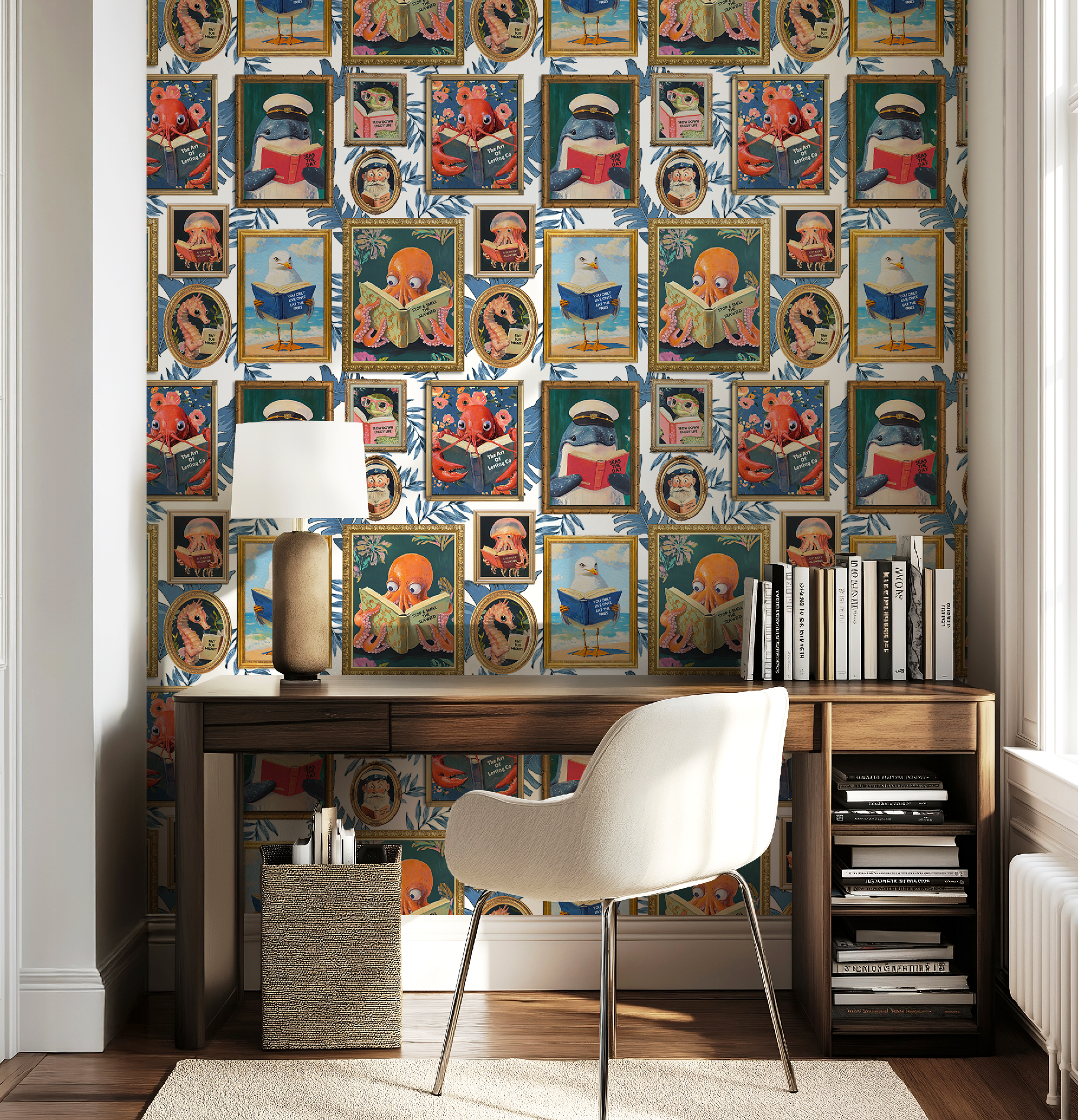 Whimsical Animals Reading Wallpaper - Coastal Beach House Version