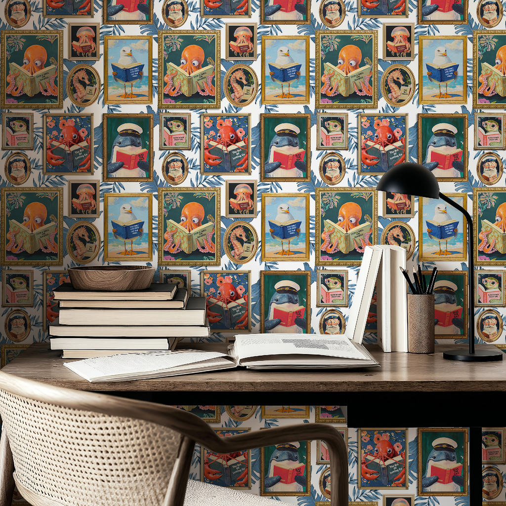 Whimsical Animals Reading Wallpaper - Coastal Beach House Version