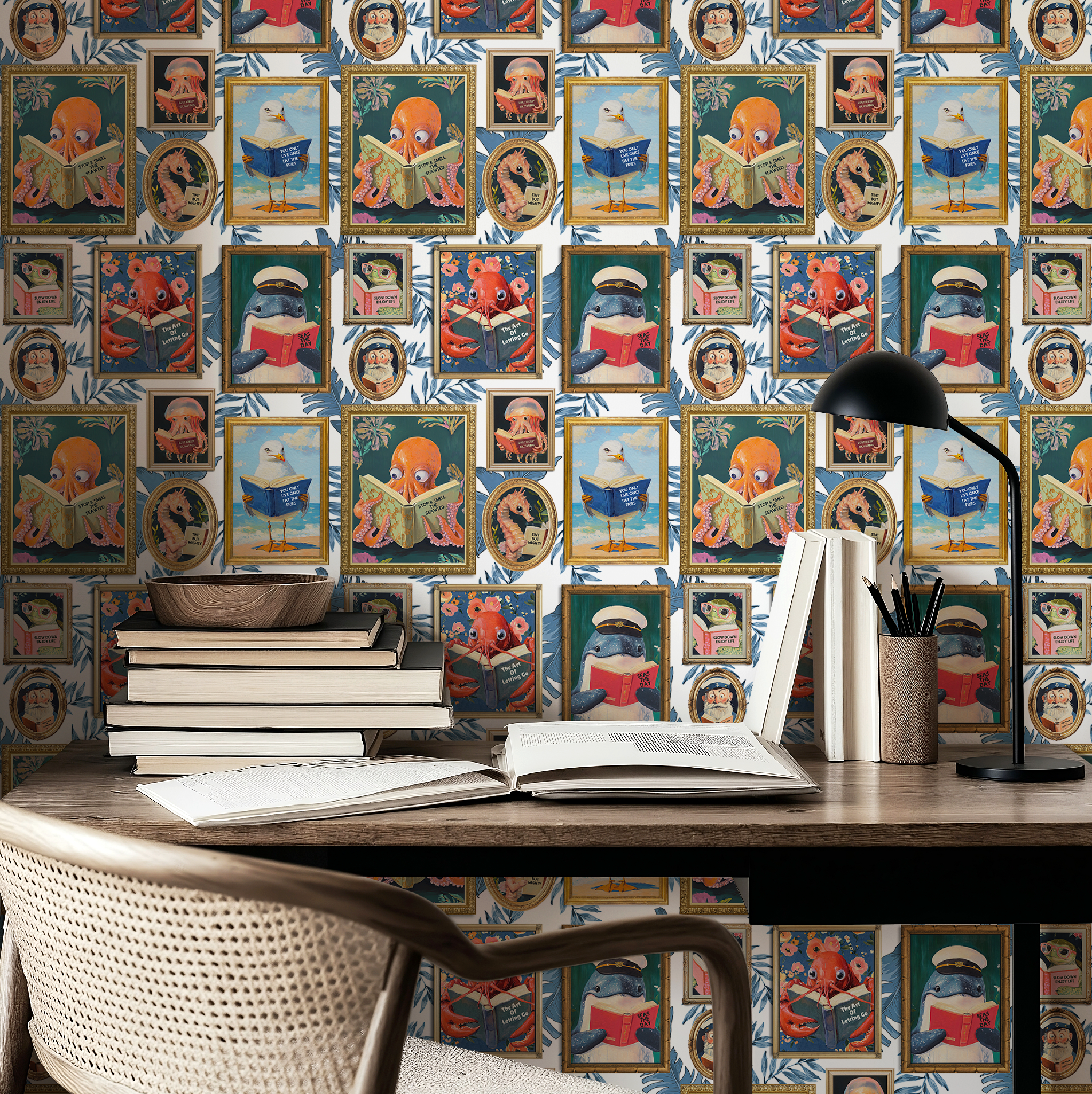 Whimsical Animals Reading Wallpaper - Coastal Beach House Version