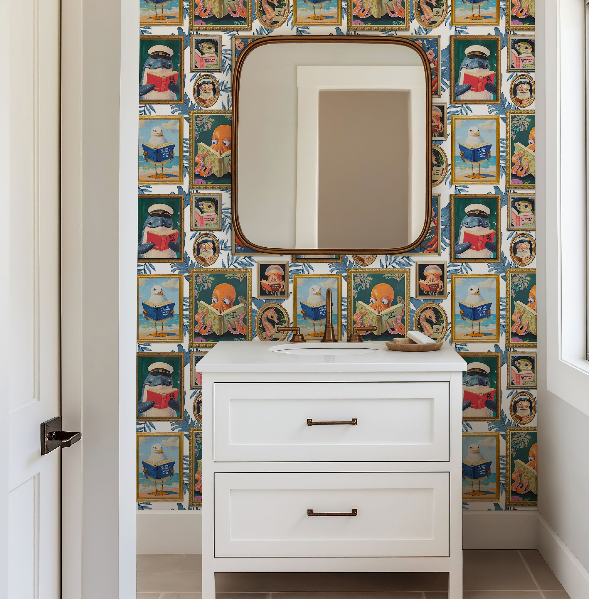 Whimsical Animals Reading Wallpaper - Coastal Beach House Version