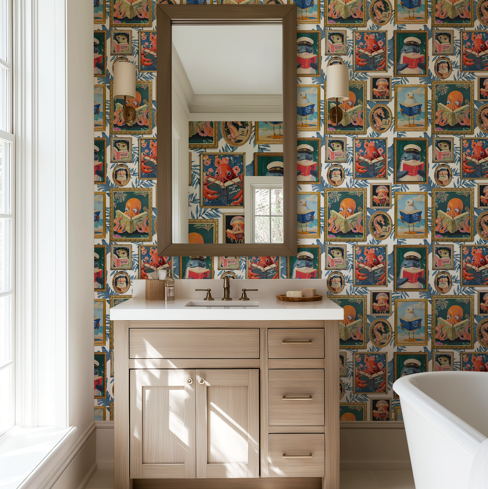 Whimsical Animals Reading Wallpaper - Coastal Beach House Version