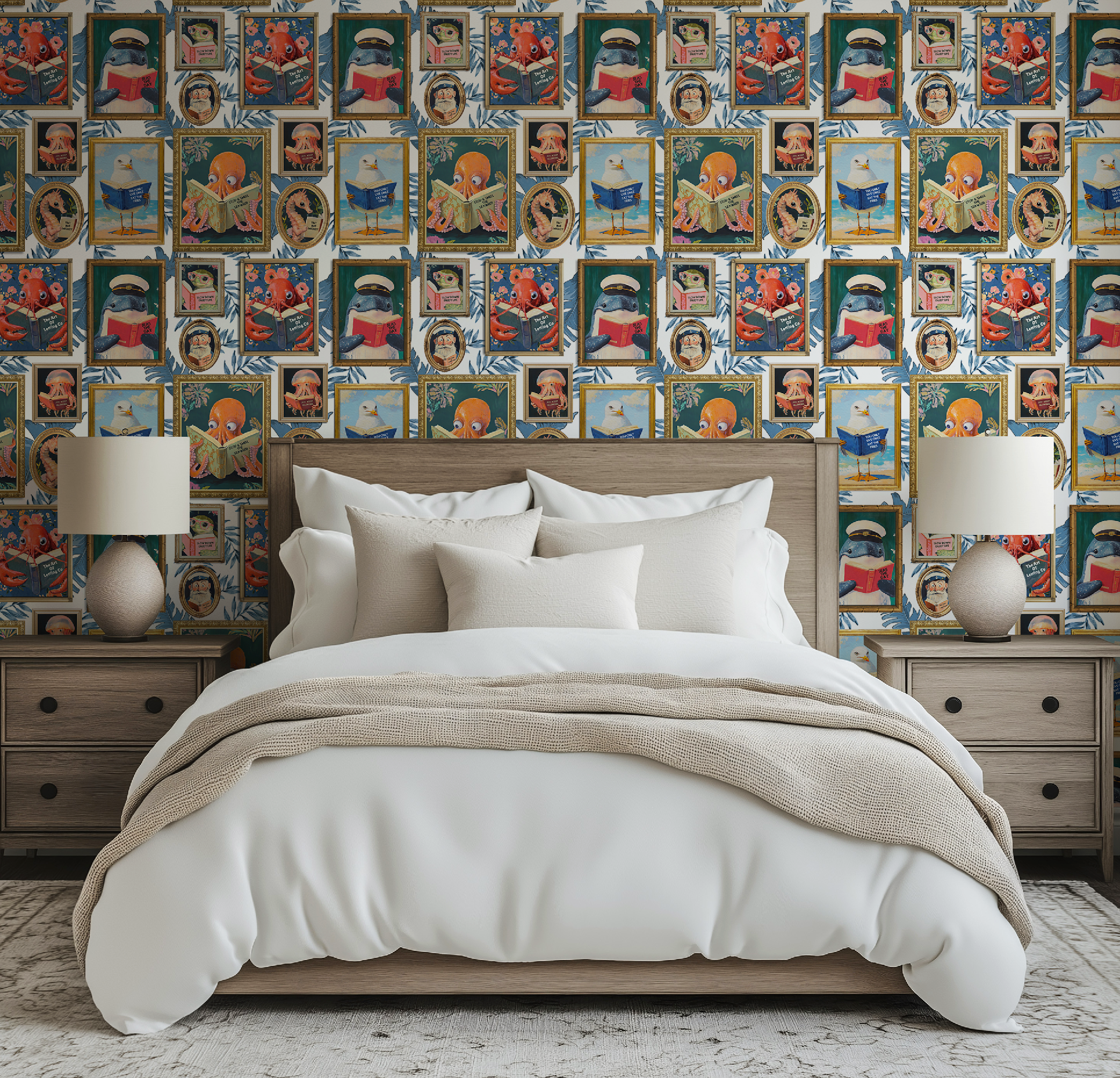 Whimsical Animals Reading Wallpaper - Coastal Beach House Version