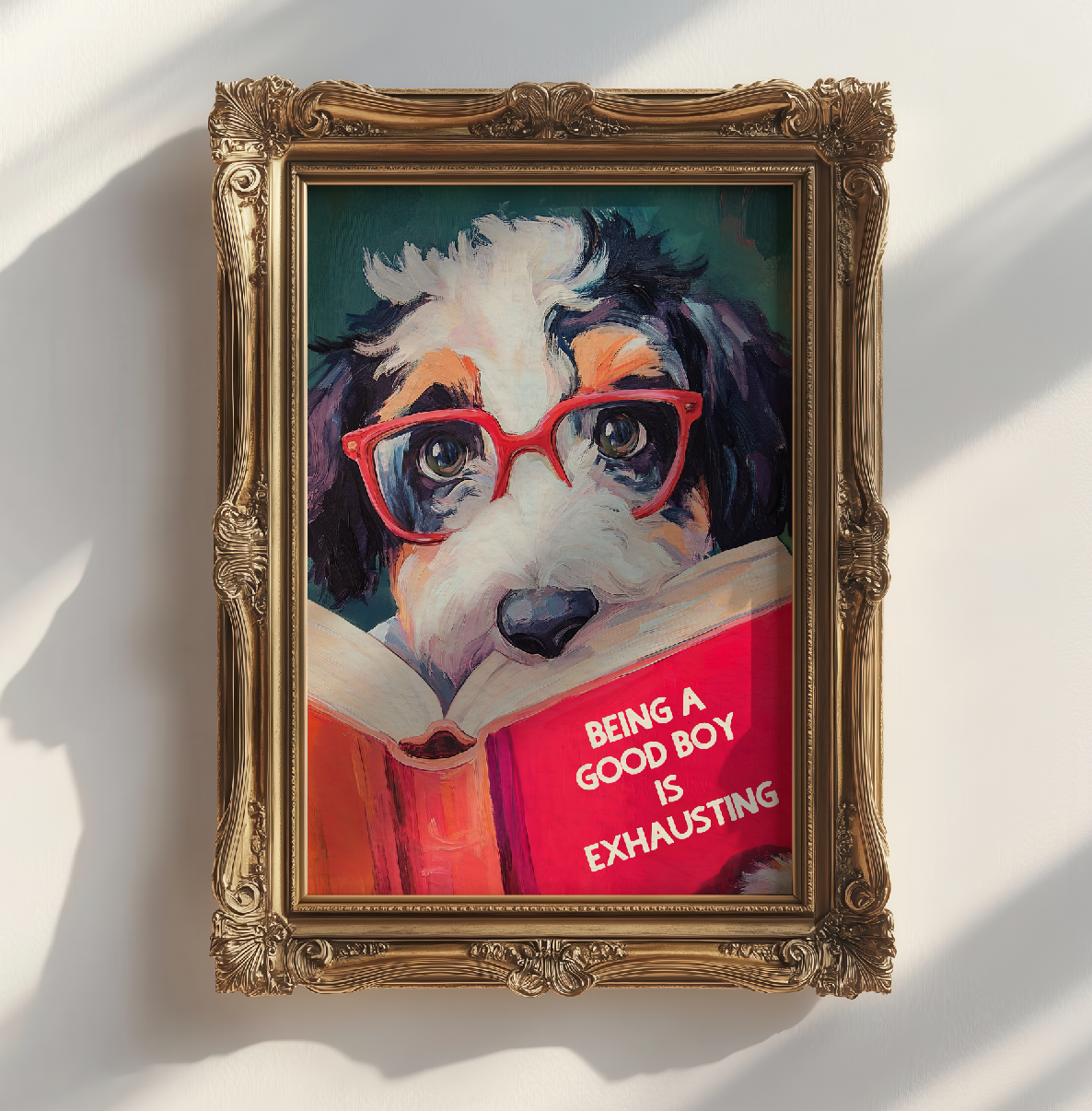 Whimsical Bernedoodle Dog Reading Book Art Print - Funny Pet Wall Decor - Humorous Gift for Animal Lovers