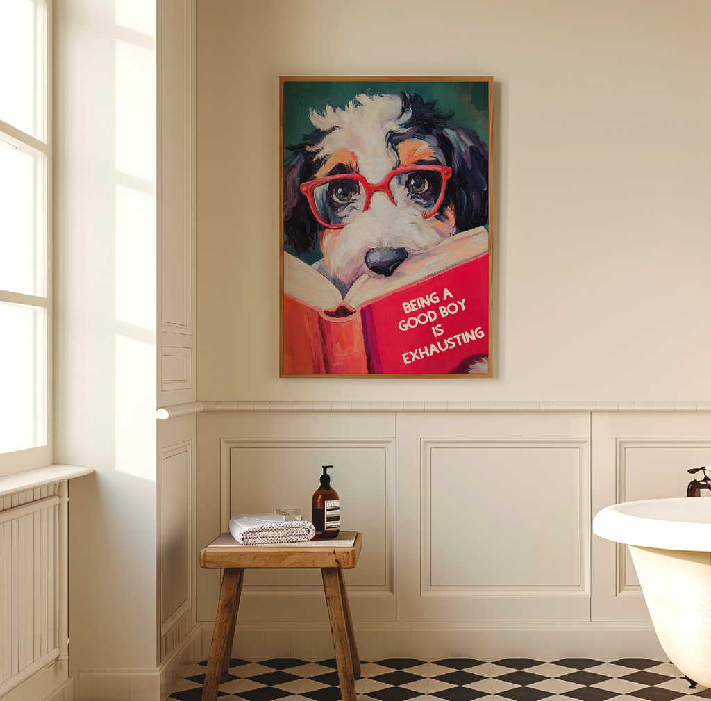 Whimsical Bernedoodle Dog Reading Book Art Print - Funny Pet Wall Decor - Humorous Gift for Animal Lovers