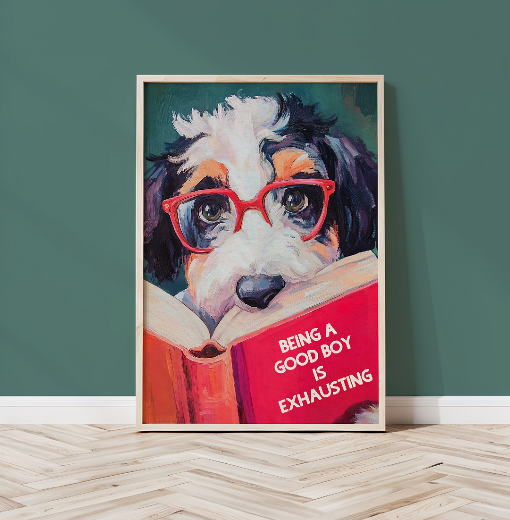 Whimsical Bernedoodle Dog Reading Book Art Print - Funny Pet Wall Decor - Humorous Gift for Animal Lovers