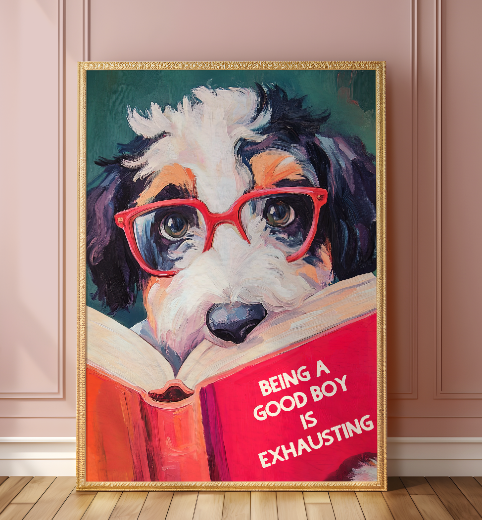 Whimsical Bernedoodle Dog Reading Book Art Print - Funny Pet Wall Decor - Humorous Gift for Animal Lovers