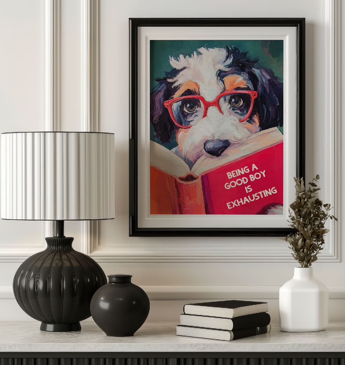 Whimsical Bernedoodle Dog Reading Book Art Print - Funny Pet Wall Decor - Humorous Gift for Animal Lovers