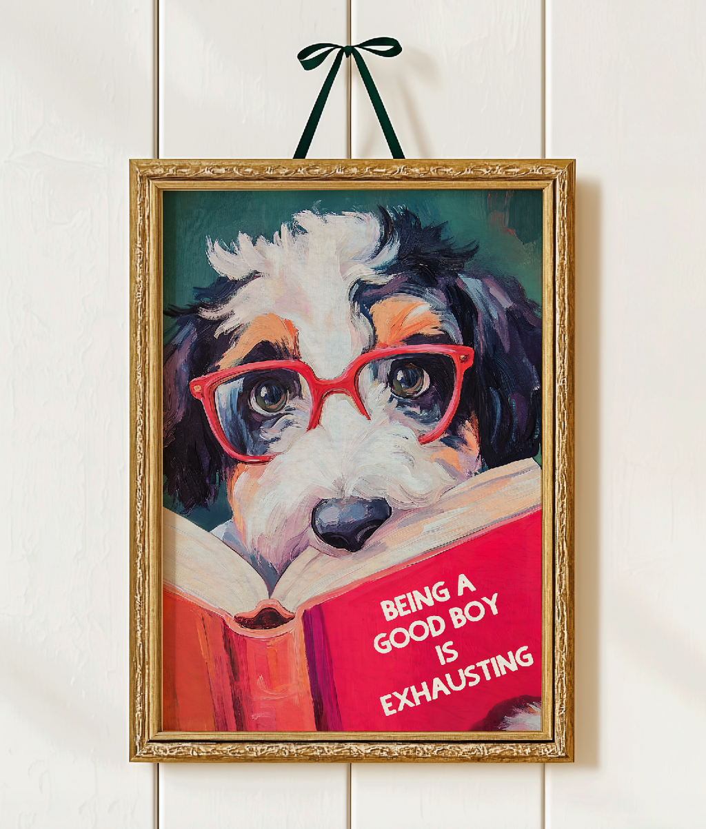 Whimsical Bernedoodle Dog Reading Book Art Print - Funny Pet Wall Decor - Humorous Gift for Animal Lovers