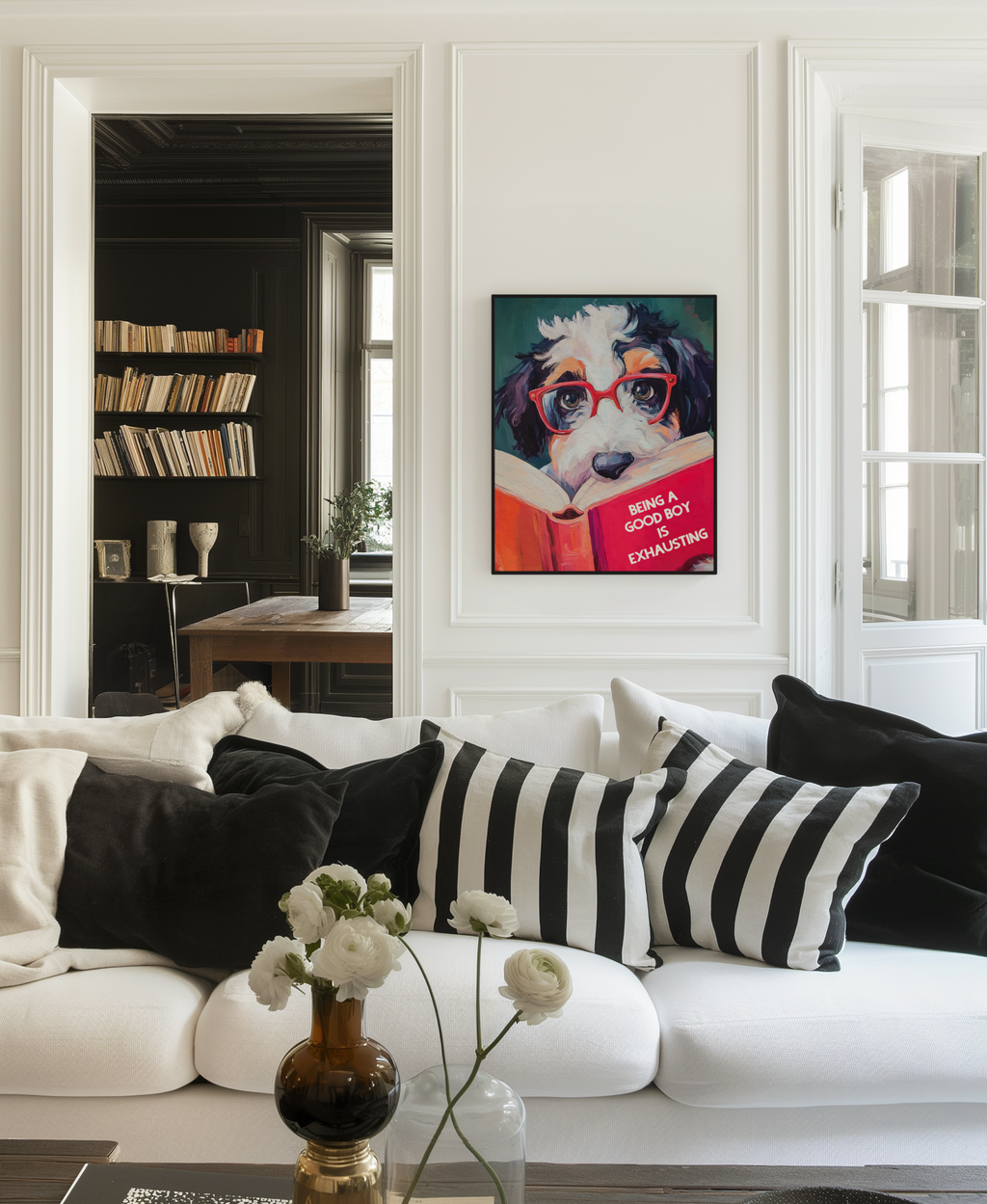 Whimsical Bernedoodle Dog Reading Book Art Print - Funny Pet Wall Decor - Humorous Gift for Animal Lovers