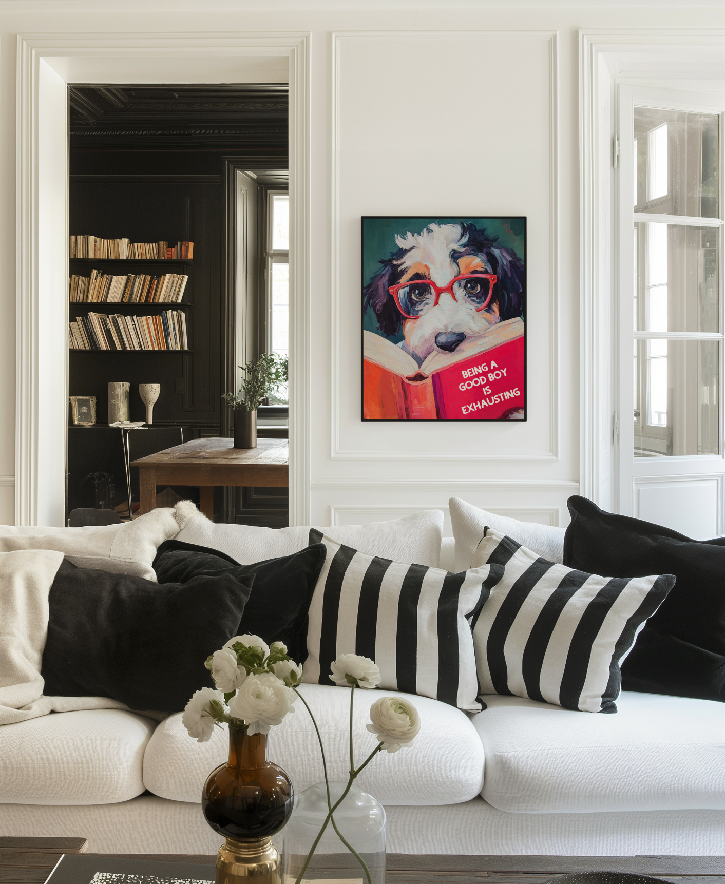 Whimsical Bernedoodle Dog Reading Book Art Print - Funny Pet Wall Decor - Humorous Gift for Animal Lovers