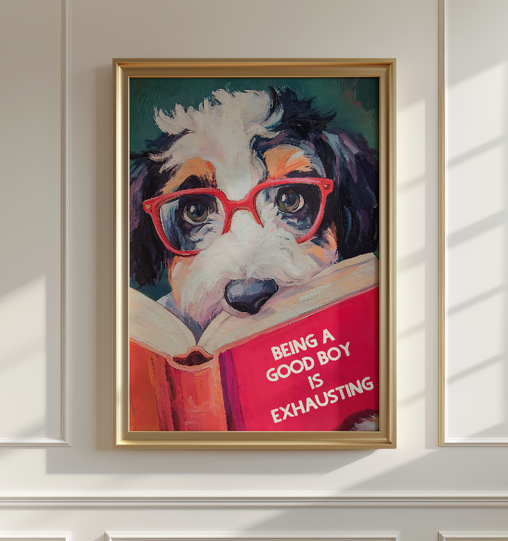 Whimsical Bernedoodle Dog Reading Book Art Print - Funny Pet Wall Decor - Humorous Gift for Animal Lovers
