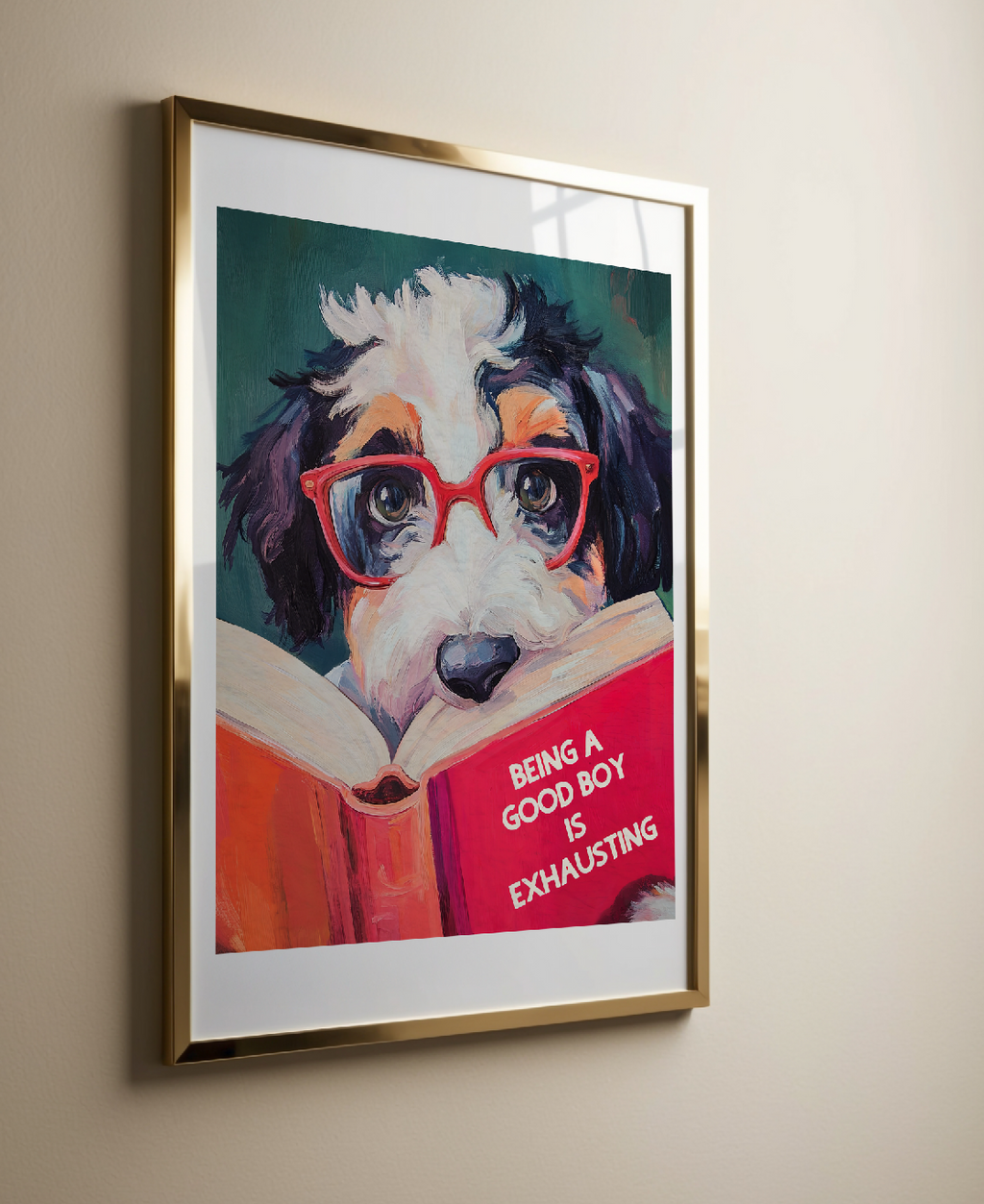 Whimsical Bernedoodle Dog Reading Book Art Print - Funny Pet Wall Decor - Humorous Gift for Animal Lovers