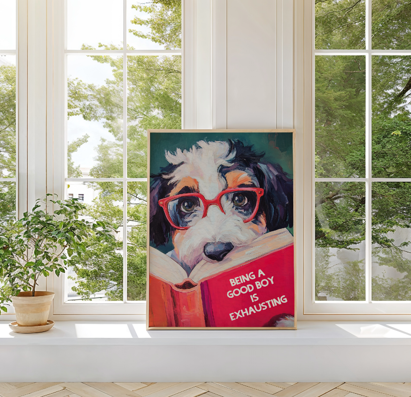 Whimsical Bernedoodle Dog Reading Book Art Print - Funny Pet Wall Decor - Humorous Gift for Animal Lovers
