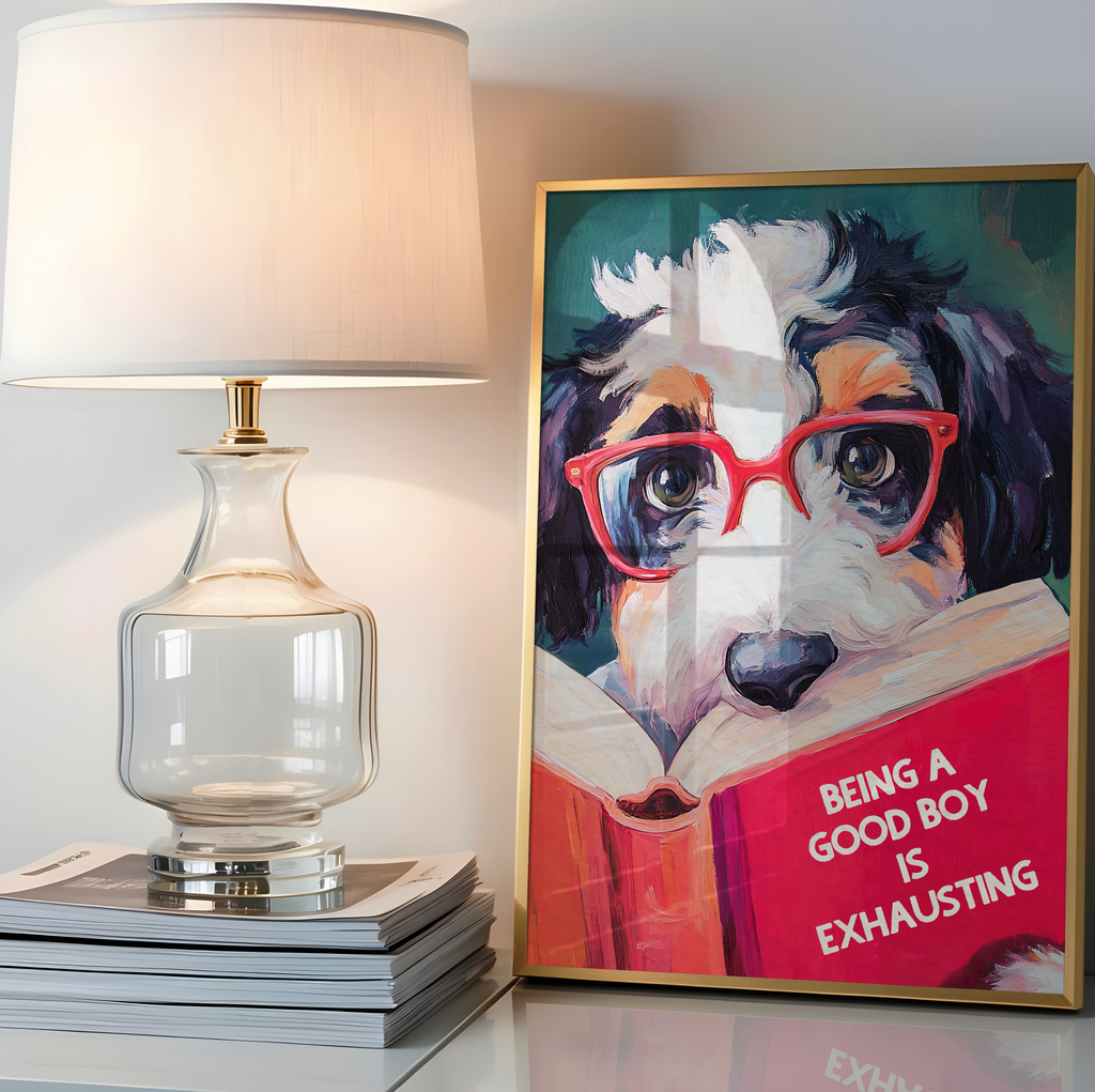 Whimsical Bernedoodle Dog Reading Book Art Print - Funny Pet Wall Decor - Humorous Gift for Animal Lovers