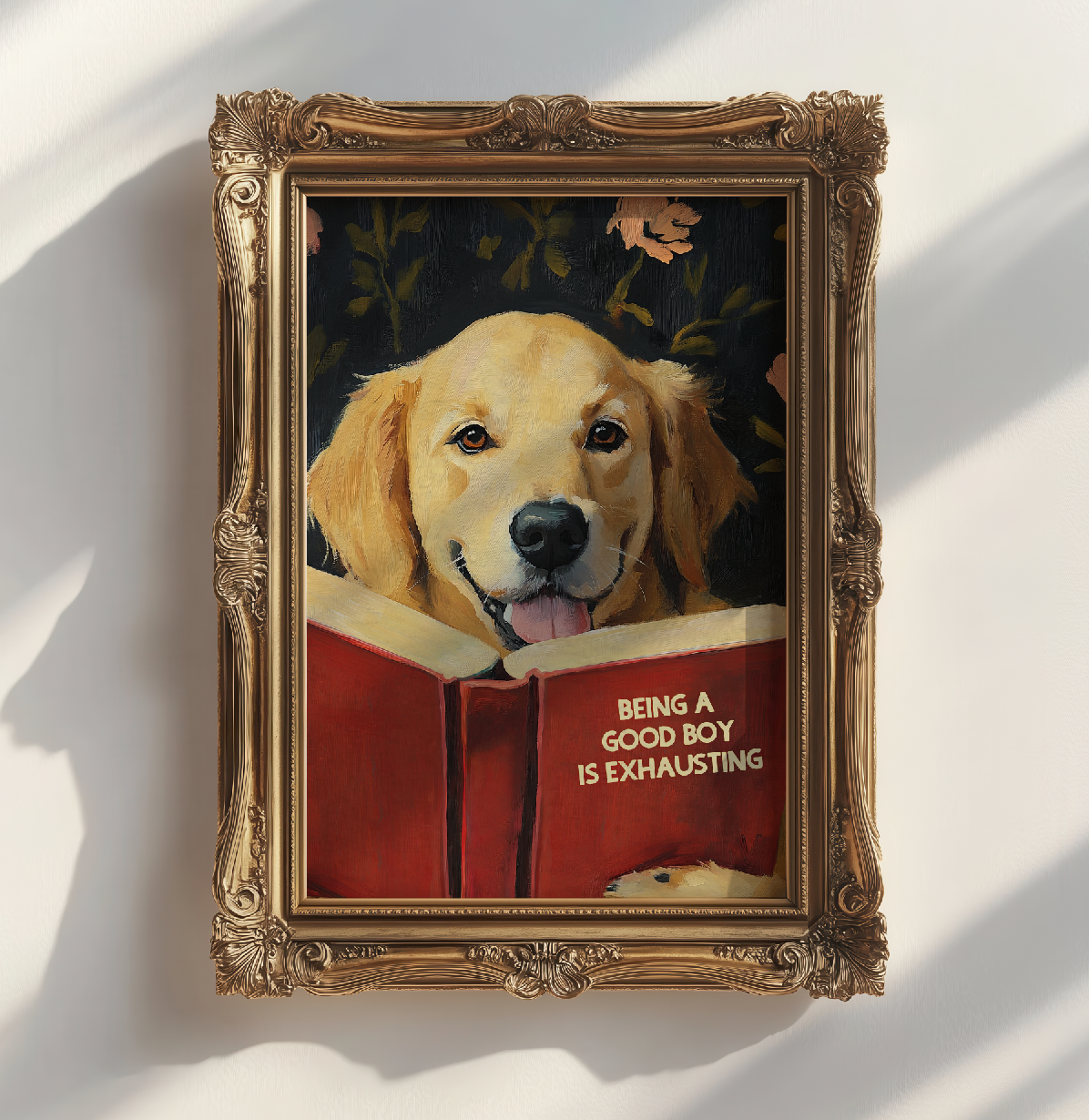 Whimsical Golden Retriever Dog Reading Book Art Print - Funny Pet Wall Decor - Humorous Gift for Animal Lovers