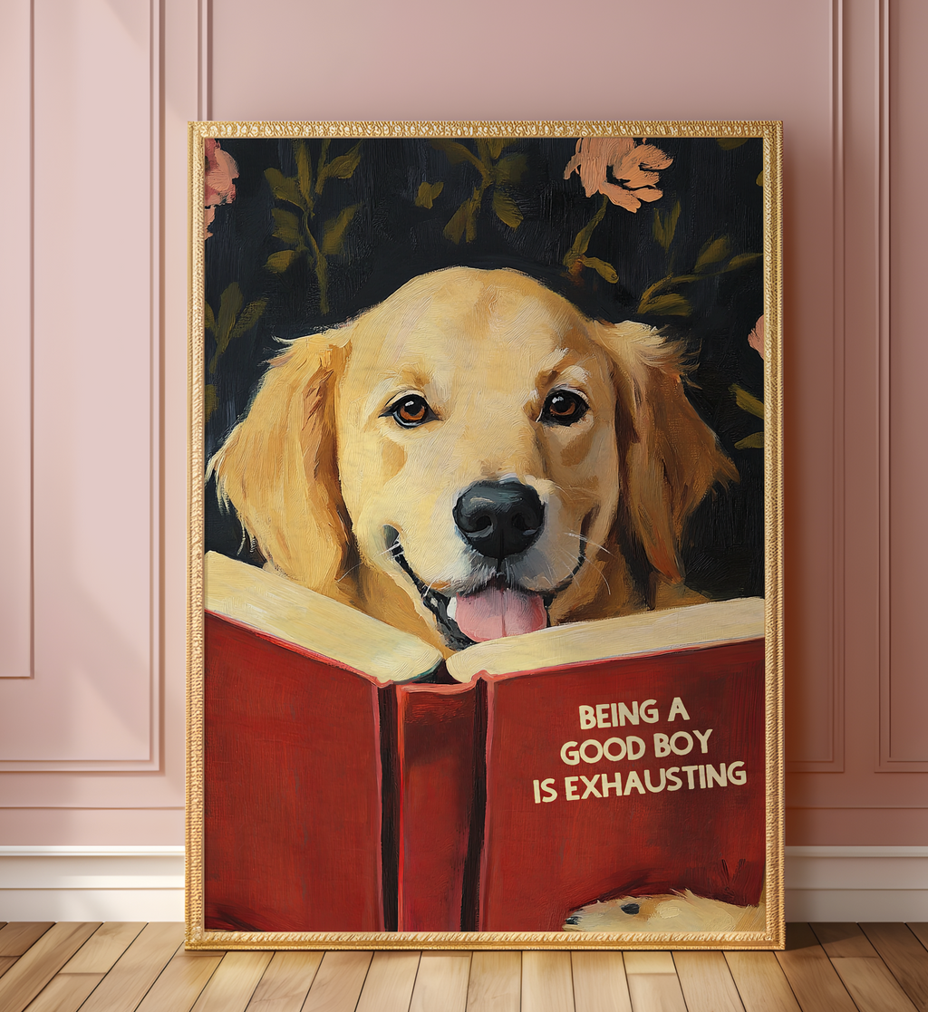 Whimsical Golden Retriever Dog Reading Book Art Print - Funny Pet Wall Decor - Humorous Gift for Animal Lovers