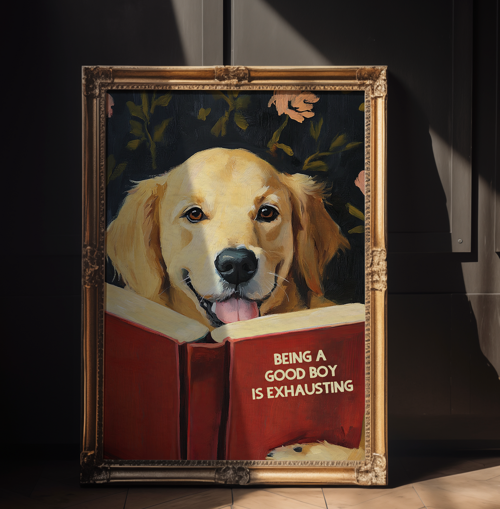 Whimsical Golden Retriever Dog Reading Book Art Print - Funny Pet Wall Decor - Humorous Gift for Animal Lovers
