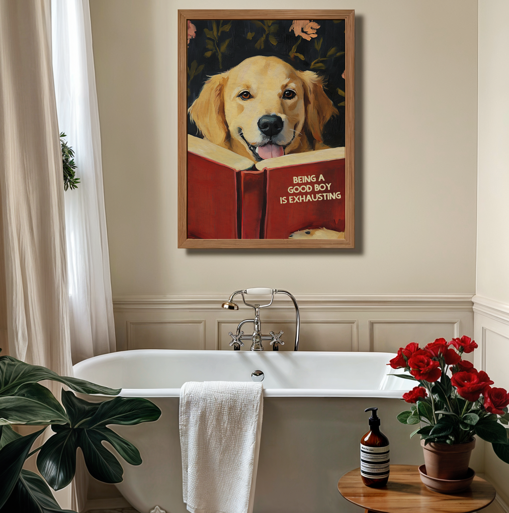 Whimsical Golden Retriever Dog Reading Book Art Print - Funny Pet Wall Decor - Humorous Gift for Animal Lovers