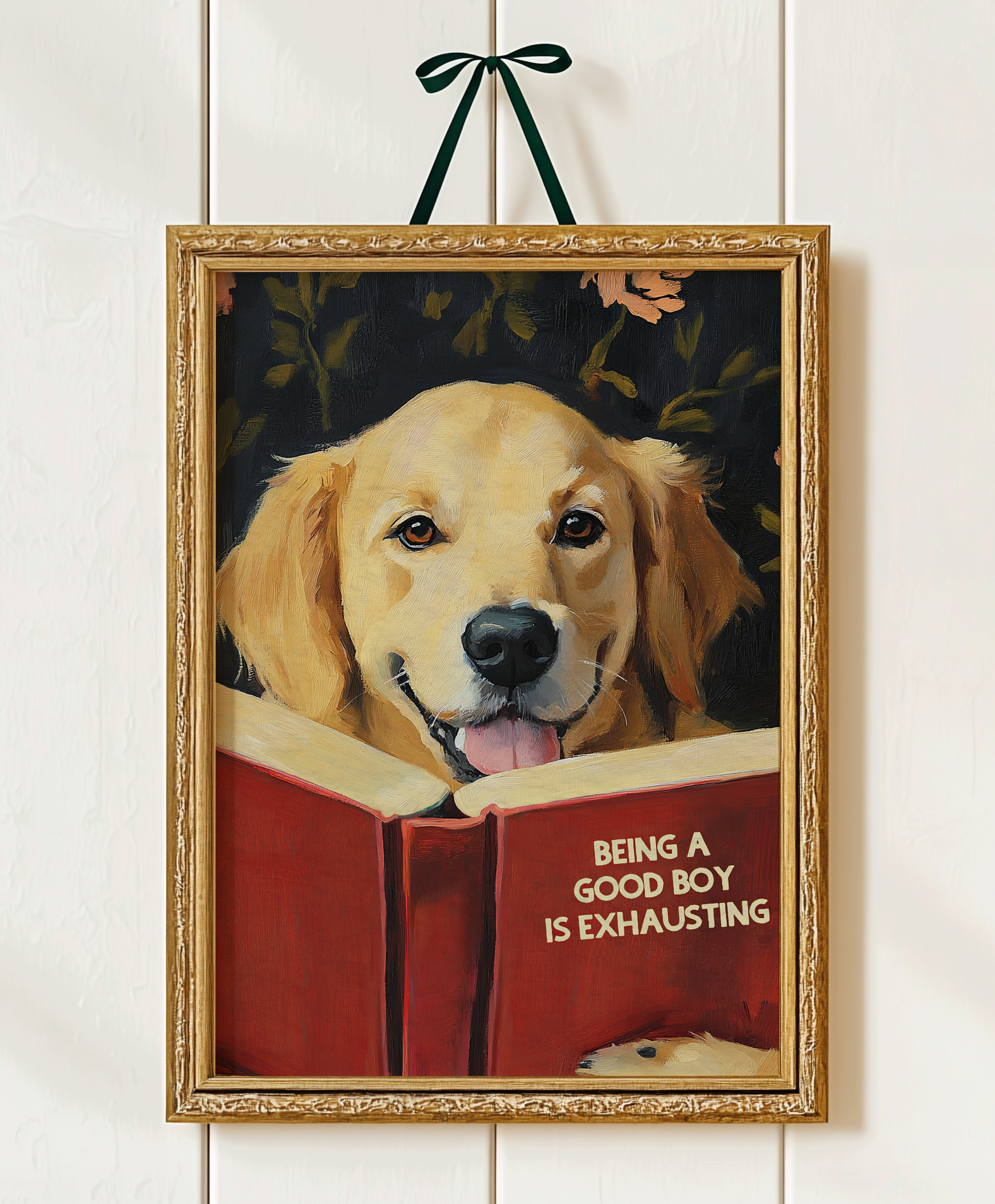 Whimsical Golden Retriever Dog Reading Book Art Print - Funny Pet Wall Decor - Humorous Gift for Animal Lovers