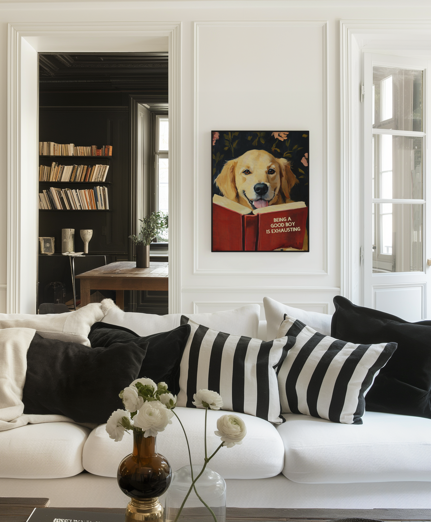 Whimsical Golden Retriever Dog Reading Book Art Print - Funny Pet Wall Decor - Humorous Gift for Animal Lovers