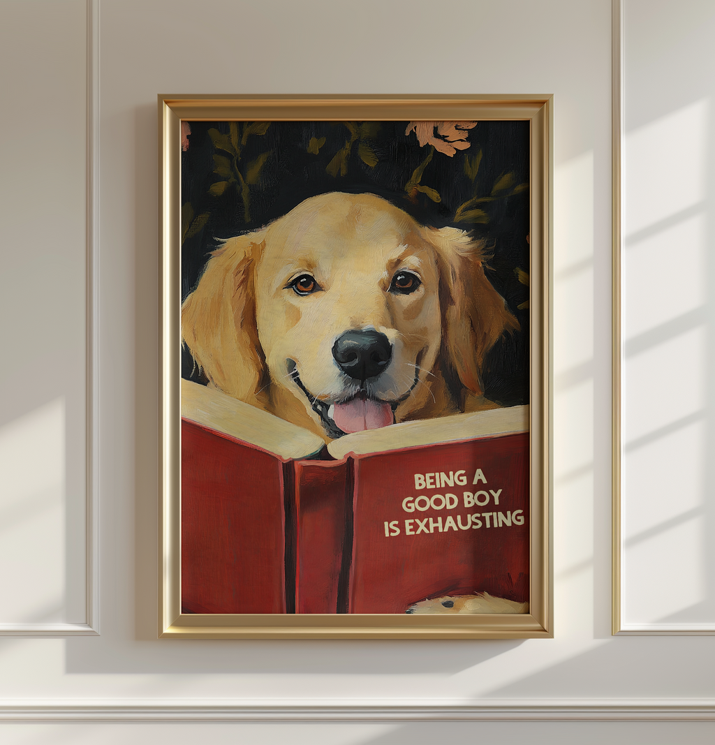 Whimsical Golden Retriever Dog Reading Book Art Print - Funny Pet Wall Decor - Humorous Gift for Animal Lovers