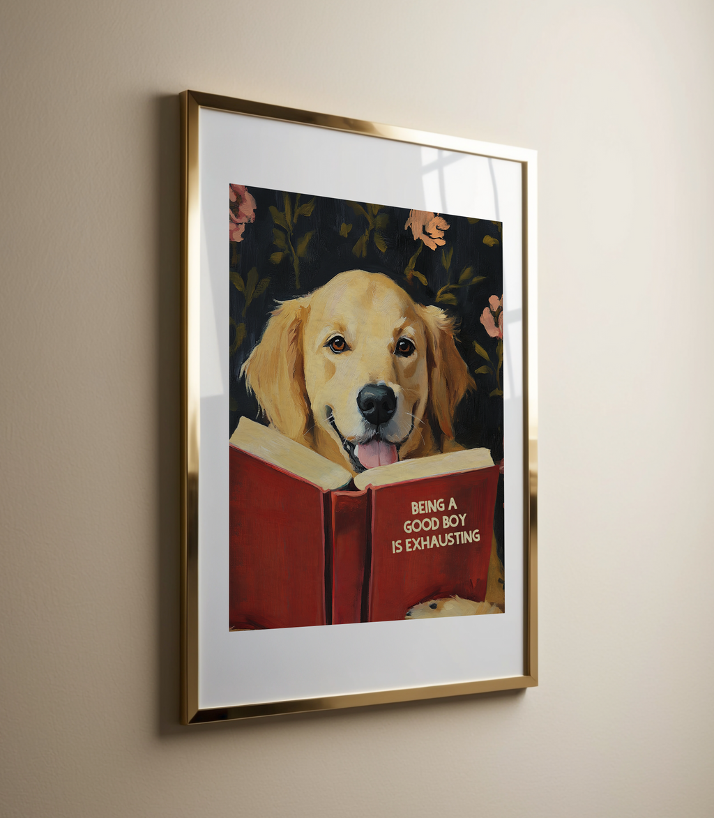 Whimsical Golden Retriever Dog Reading Book Art Print - Funny Pet Wall Decor - Humorous Gift for Animal Lovers