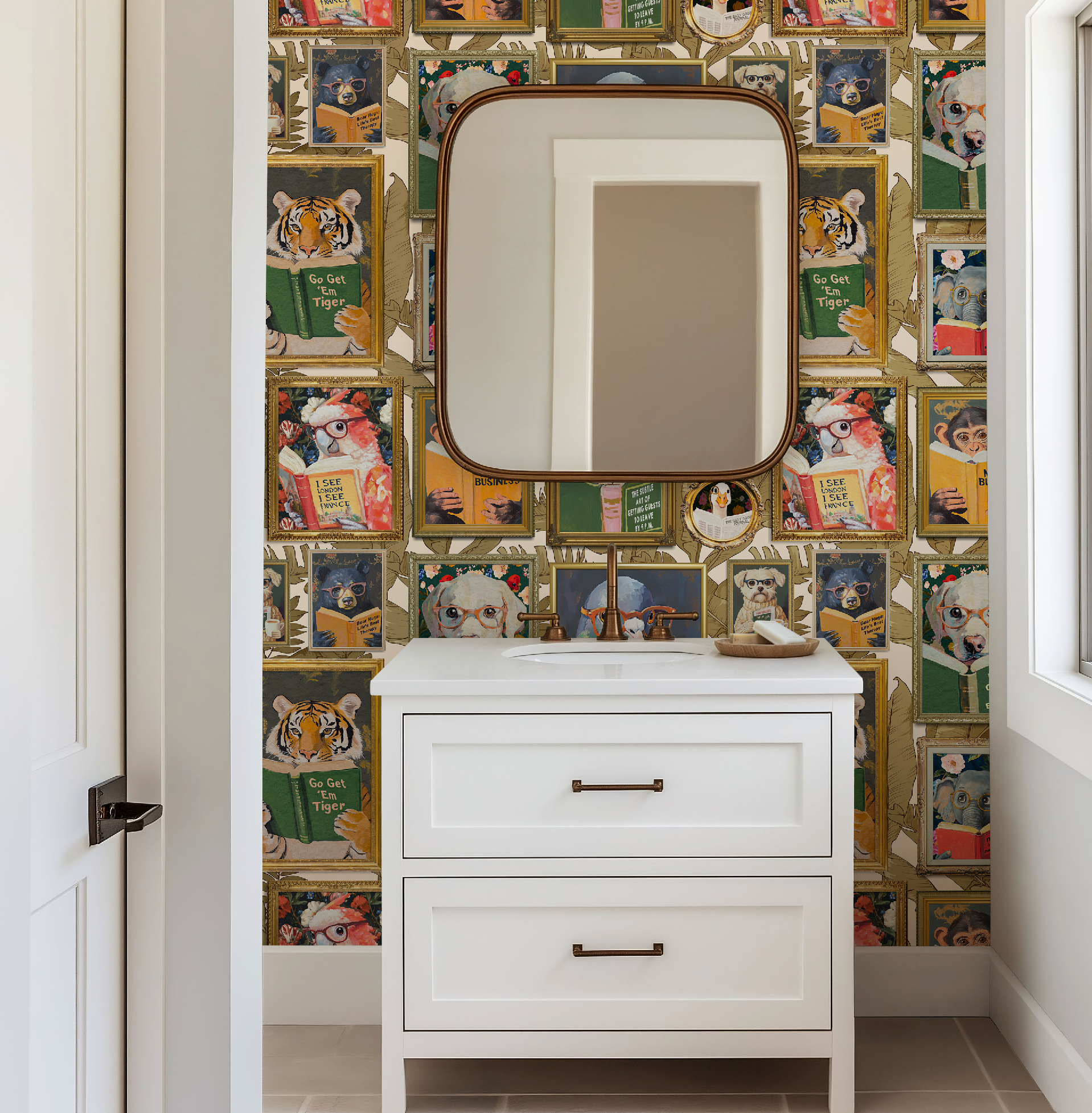 Whimsical Animals Reading Wallpaper - Version 2 - Ivory