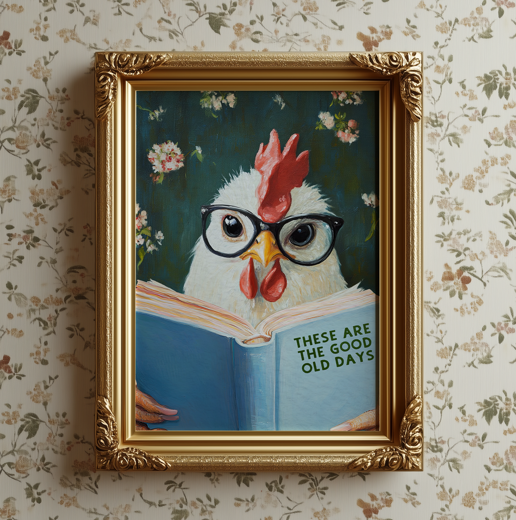These are the Good Old Days Chicken Reading Book Funny Kitchen Wall Art