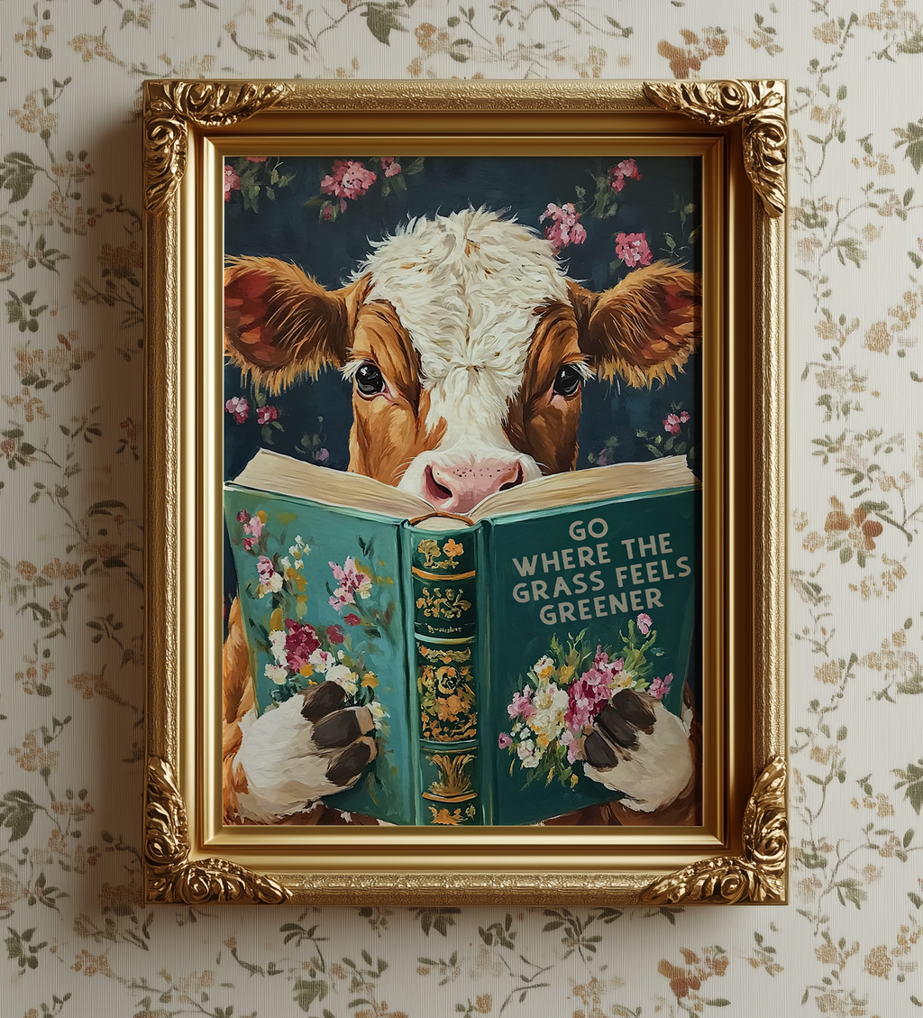Whimsical Cow Reading Book – Funny Farm Kitchen Wall Art Print - Image 5 by RebelMod