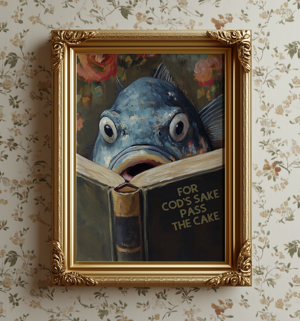 Funny Cod Reading Book Titled "For Cod's Sake Pass the Cake" Funny Kitchen Wall Art - Image 5 by RebelMod