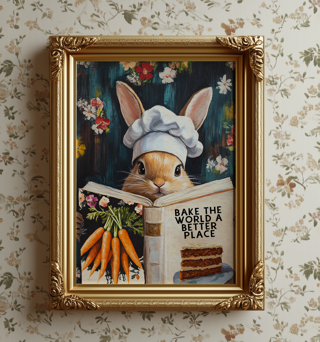Whimsical Rabbit Reading “Bake the World a Better Place” – Funny Kitchen Wall Art Print - Image 5 by RebelMod