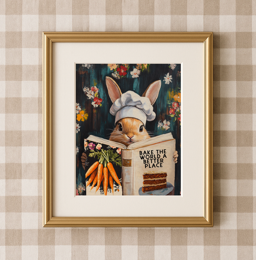 Whimsical Rabbit Reading “Bake the World a Better Place” – Funny Kitchen Wall Art Print - Image 3 by RebelMod