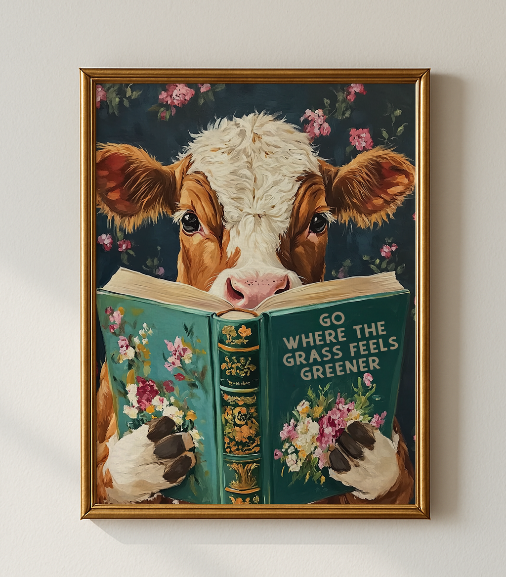 Whimsical Cow Reading Book – Funny Farm Kitchen Wall Art Print - Image 6 by RebelMod