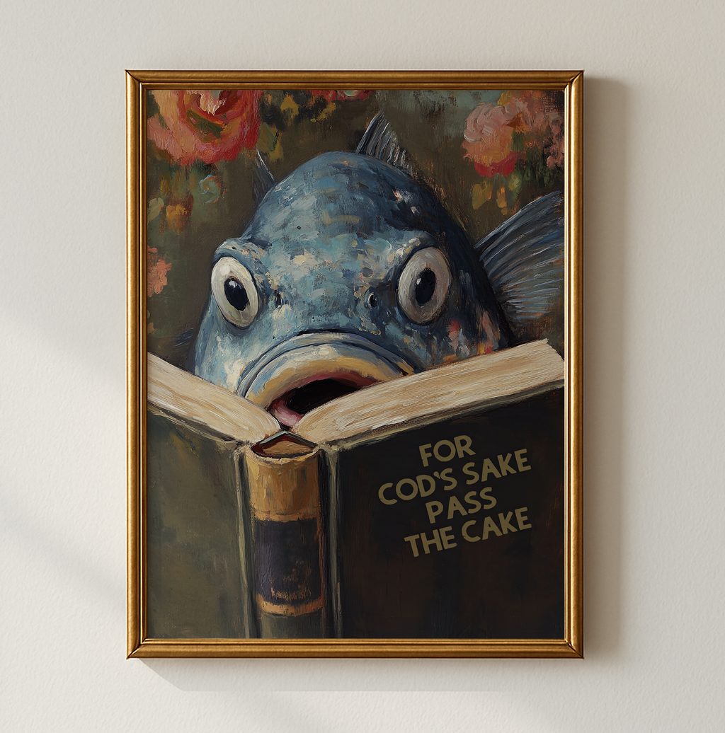 Funny Cod Reading Book Titled "For Cod's Sake Pass the Cake" Funny Kitchen Wall Art - Image 4 by RebelMod