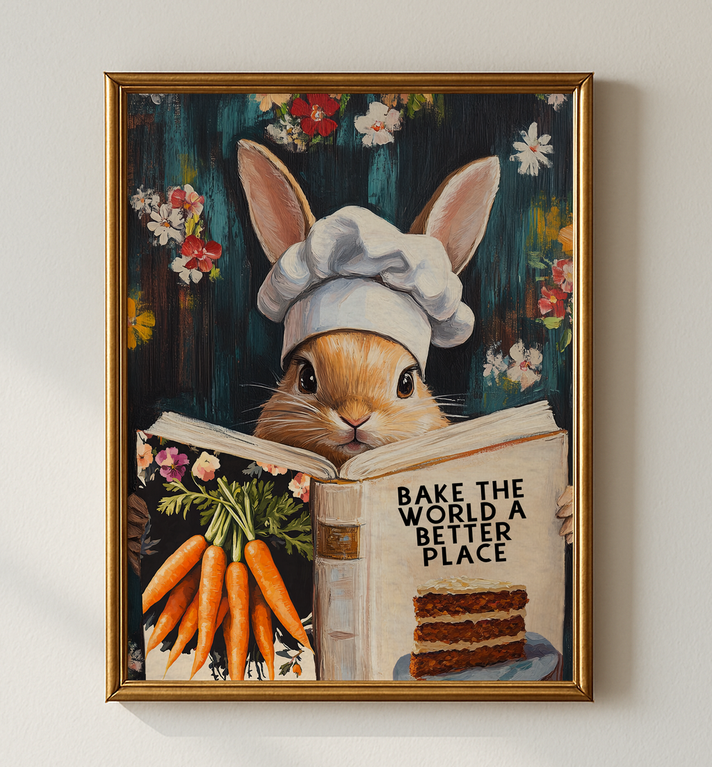 Whimsical Rabbit Reading “Bake the World a Better Place” – Funny Kitchen Wall Art Print - Image 6 by RebelMod