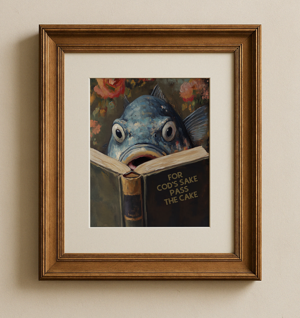 Funny Cod Reading Book Titled "For Cod's Sake Pass the Cake" Funny Kitchen Wall Art - Image 6 by RebelMod