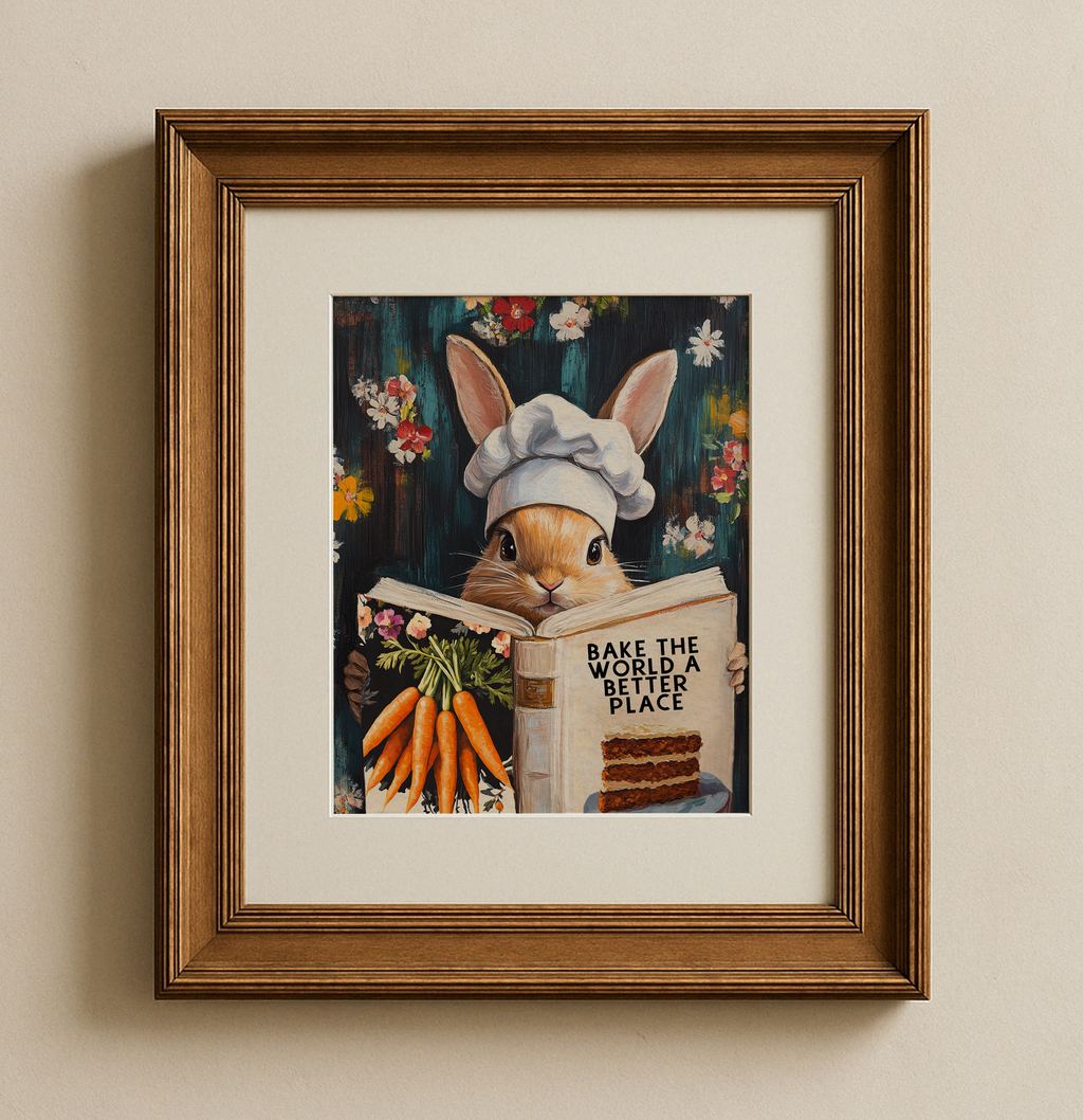 Whimsical Rabbit Reading “Bake the World a Better Place” – Funny Kitchen Wall Art Print - Image 7 by RebelMod