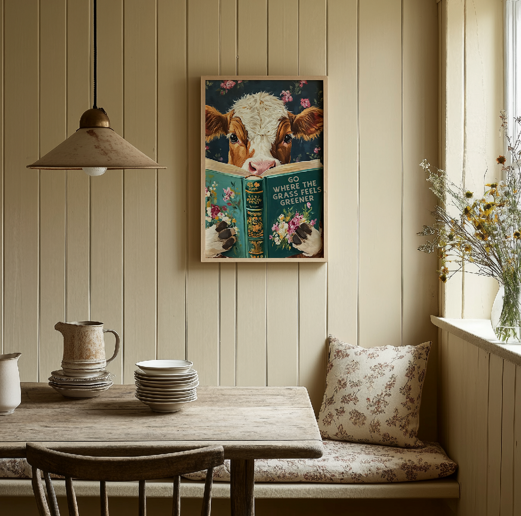 Whimsical Cow Reading Book – Funny Farm Kitchen Wall Art Print - Image 8 by RebelMod