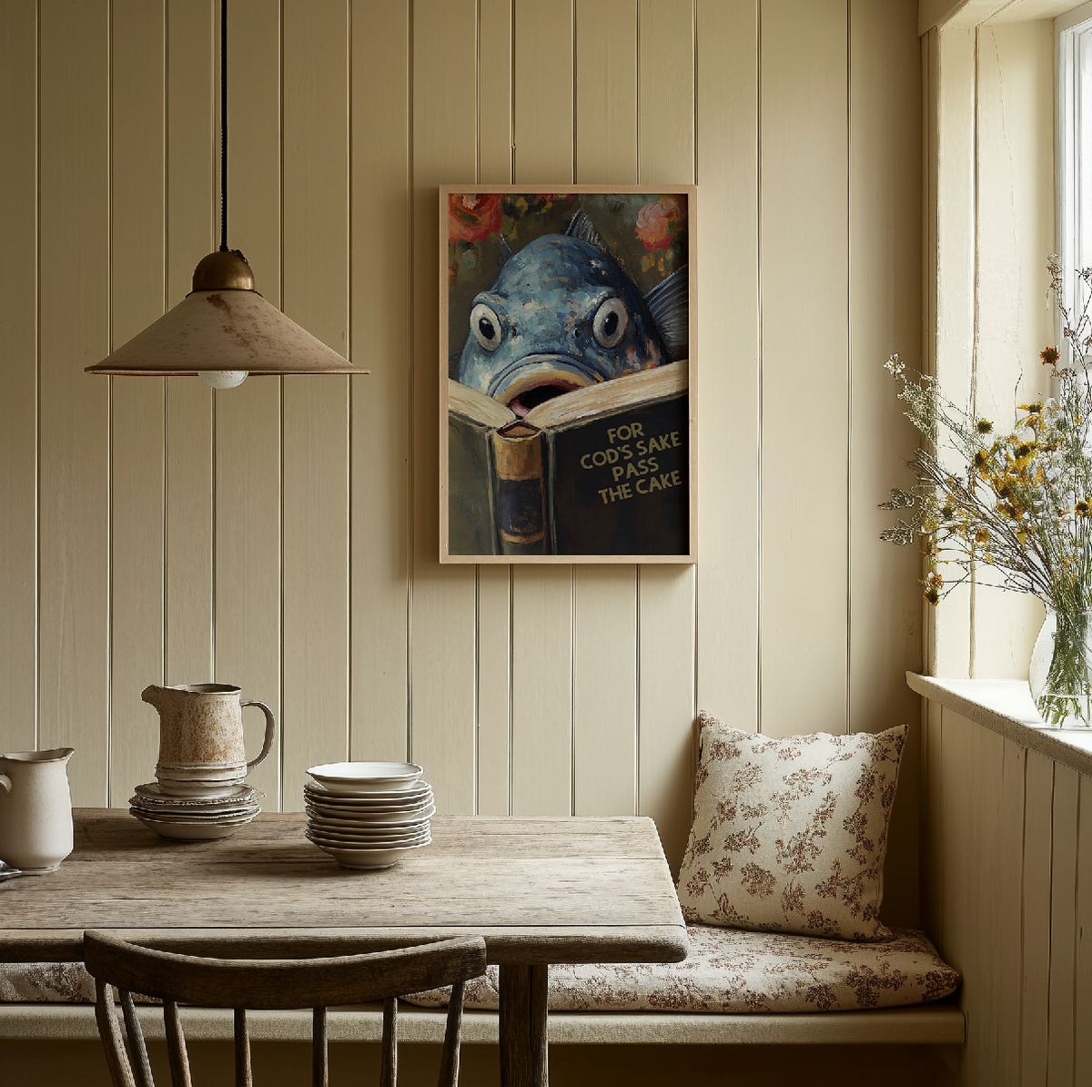 Funny Cod Reading Book Titled "For Cod's Sake Pass the Cake" Funny Kitchen Wall Art - Image 7 by RebelMod
