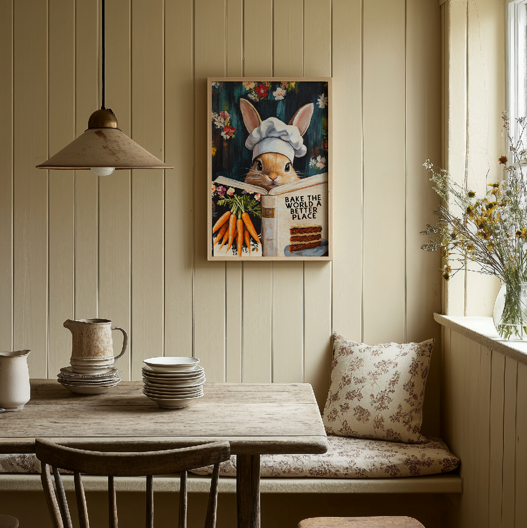 Whimsical Rabbit Reading “Bake the World a Better Place” – Funny Kitchen Wall Art Print - Image 8 by RebelMod