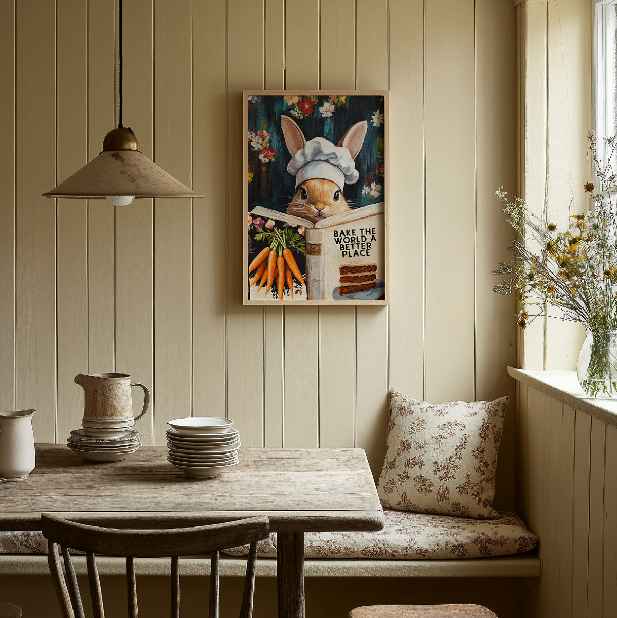 Whimsical Rabbit Reading “Bake the World a Better Place” – Funny Kitchen Wall Art Print - Image 8 by RebelMod