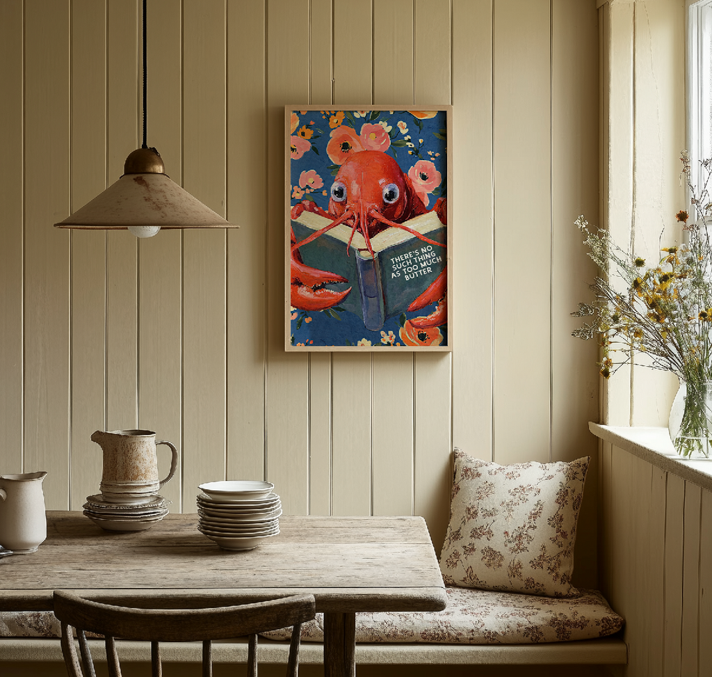 Whimsical Lobster Reading Recipe Book – Funny Kitchen Wall Art Print - Image 8 by RebelMod